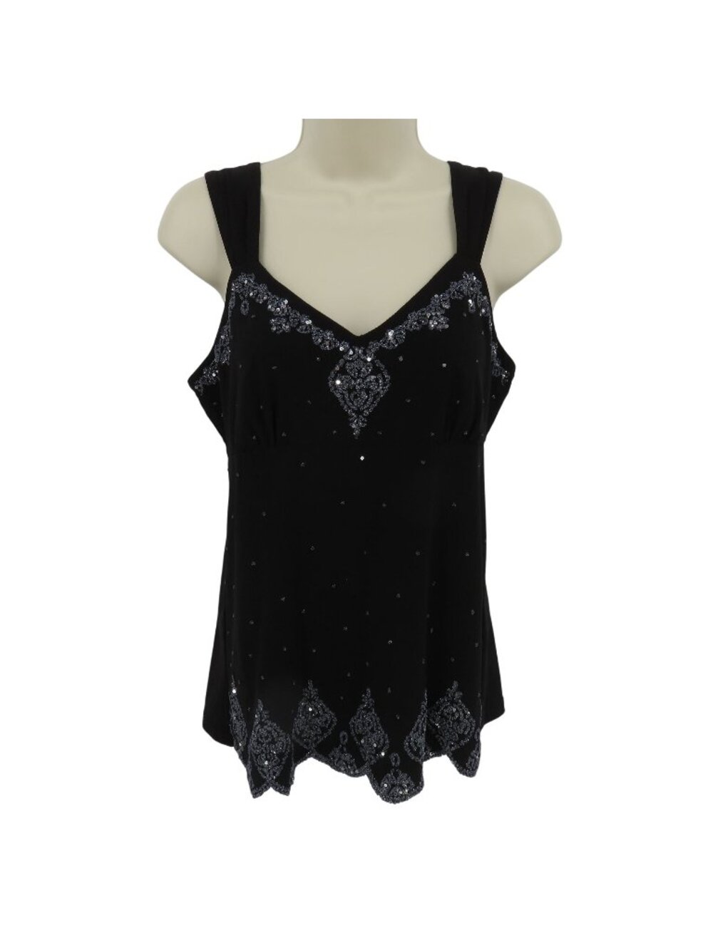 Y2K Dressbarn Petite Medium PM Black Embellished V Neck Going Out Top Shirt Tank